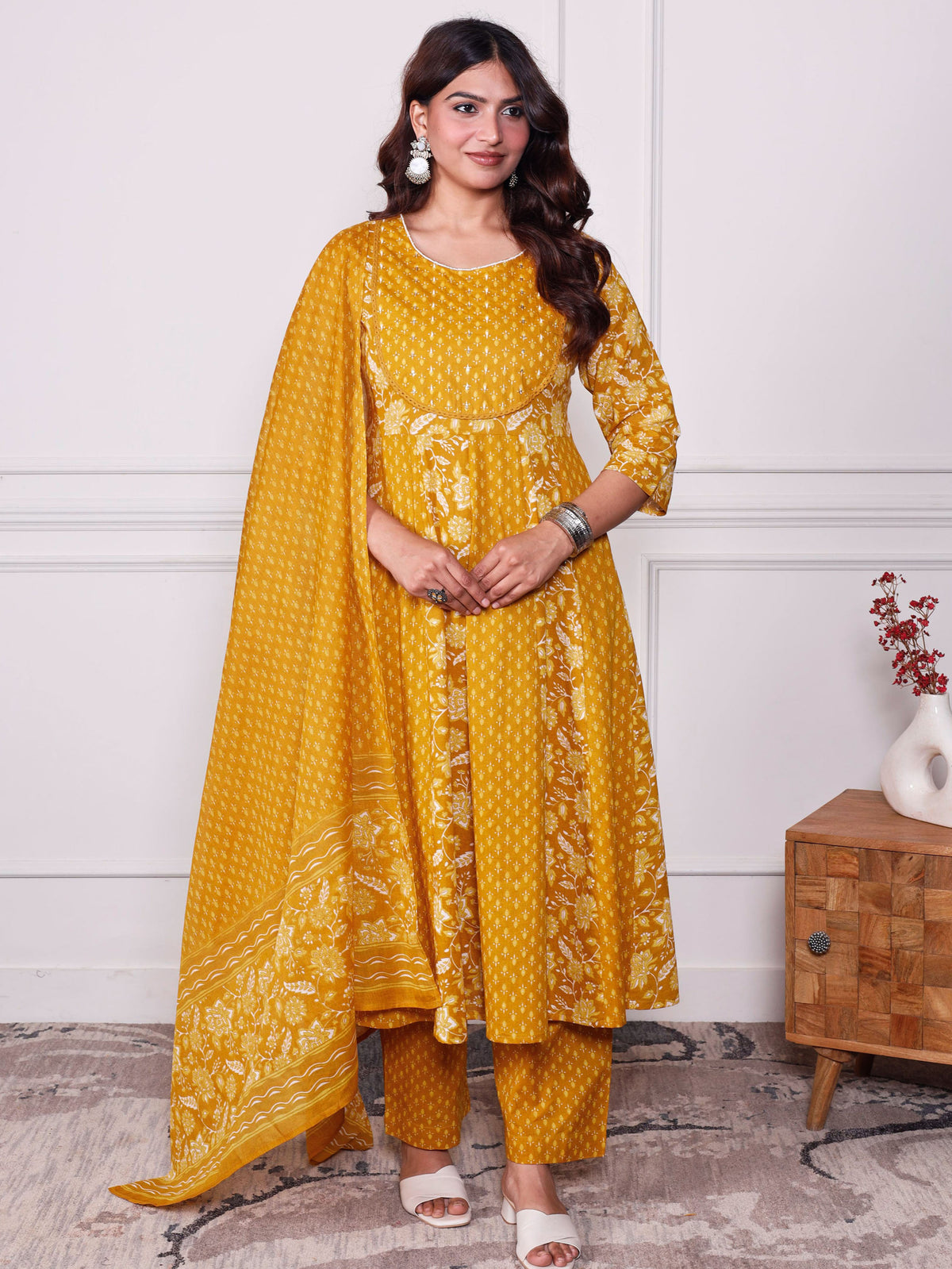 Cotton Voile Floral Mustard Dupatta