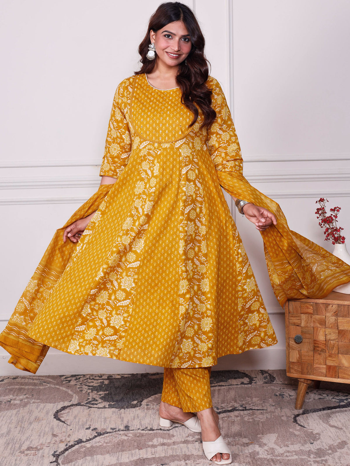 Cotton Voile Floral Mustard Dupatta