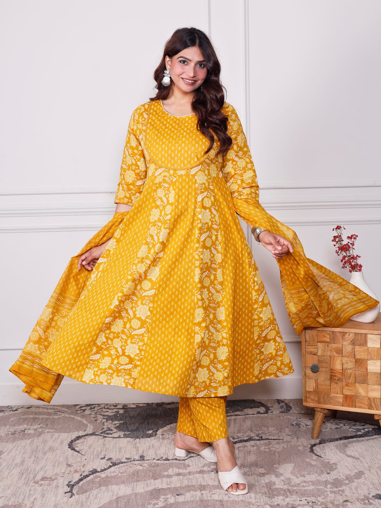 Cotton voile Floral Dupatta Mustard Dupatta