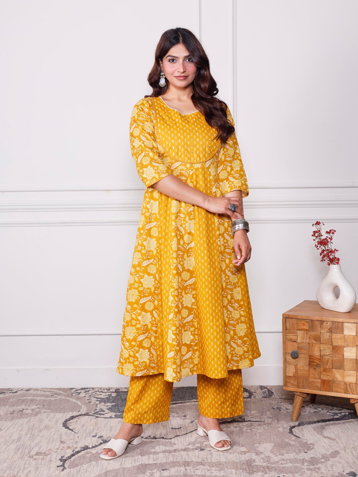 Soft cotton Floral Anarkali Mustard Kurta