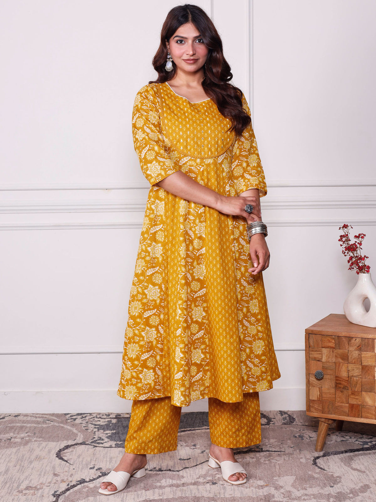 Soft Cotton Floral Anarkali Mustard Kurta