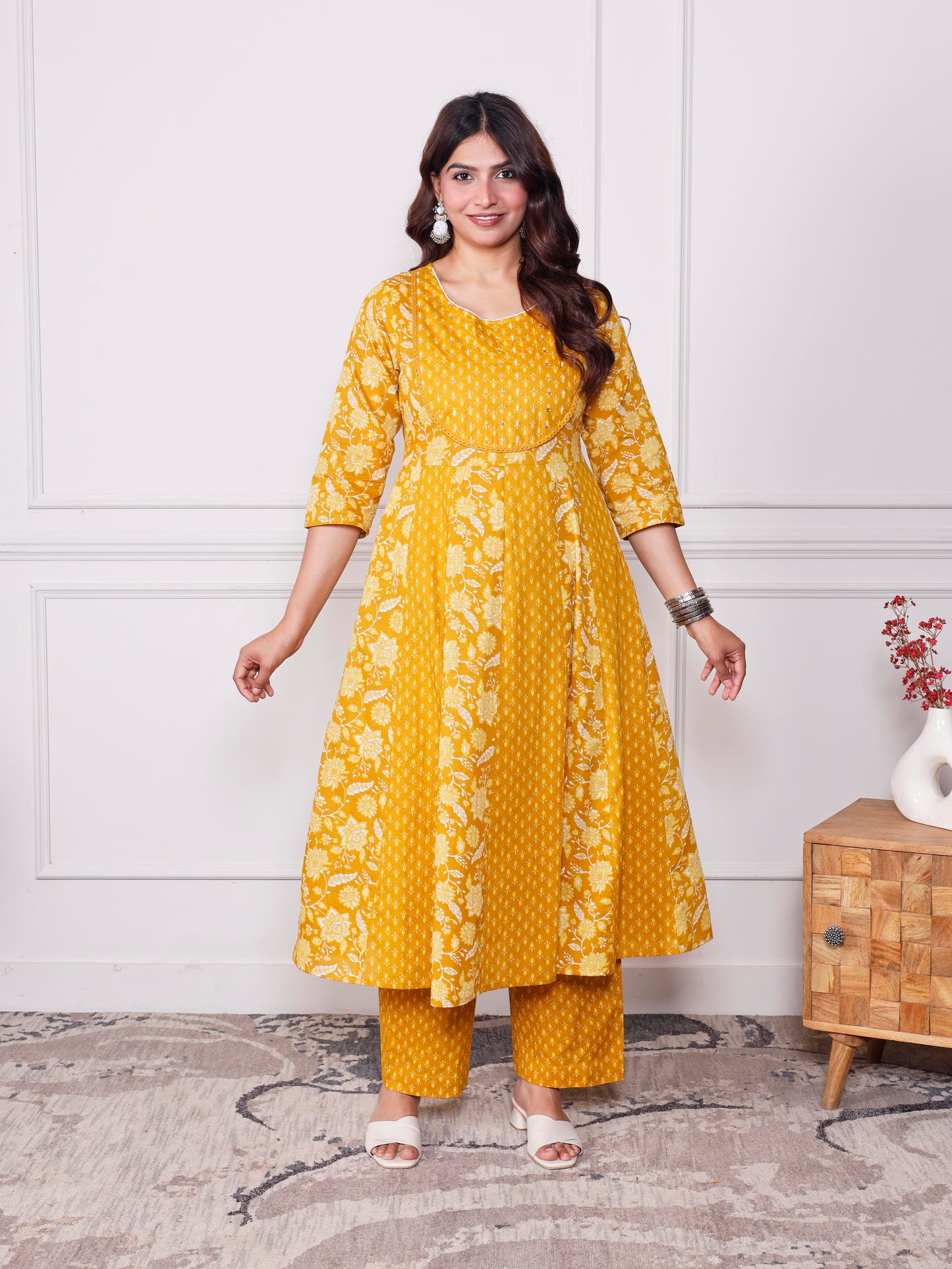 Soft cotton Floral Anarkali Mustard Kurta