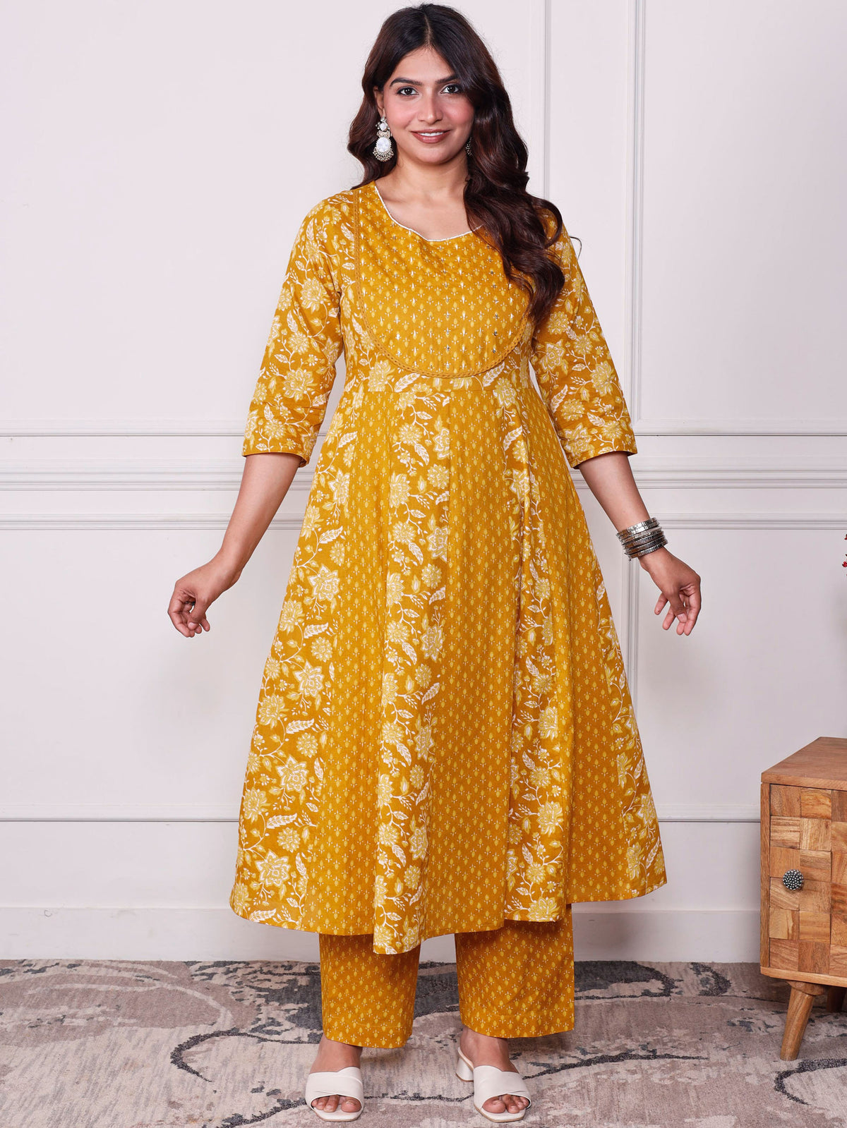 Soft Cotton Floral Anarkali Mustard Kurta