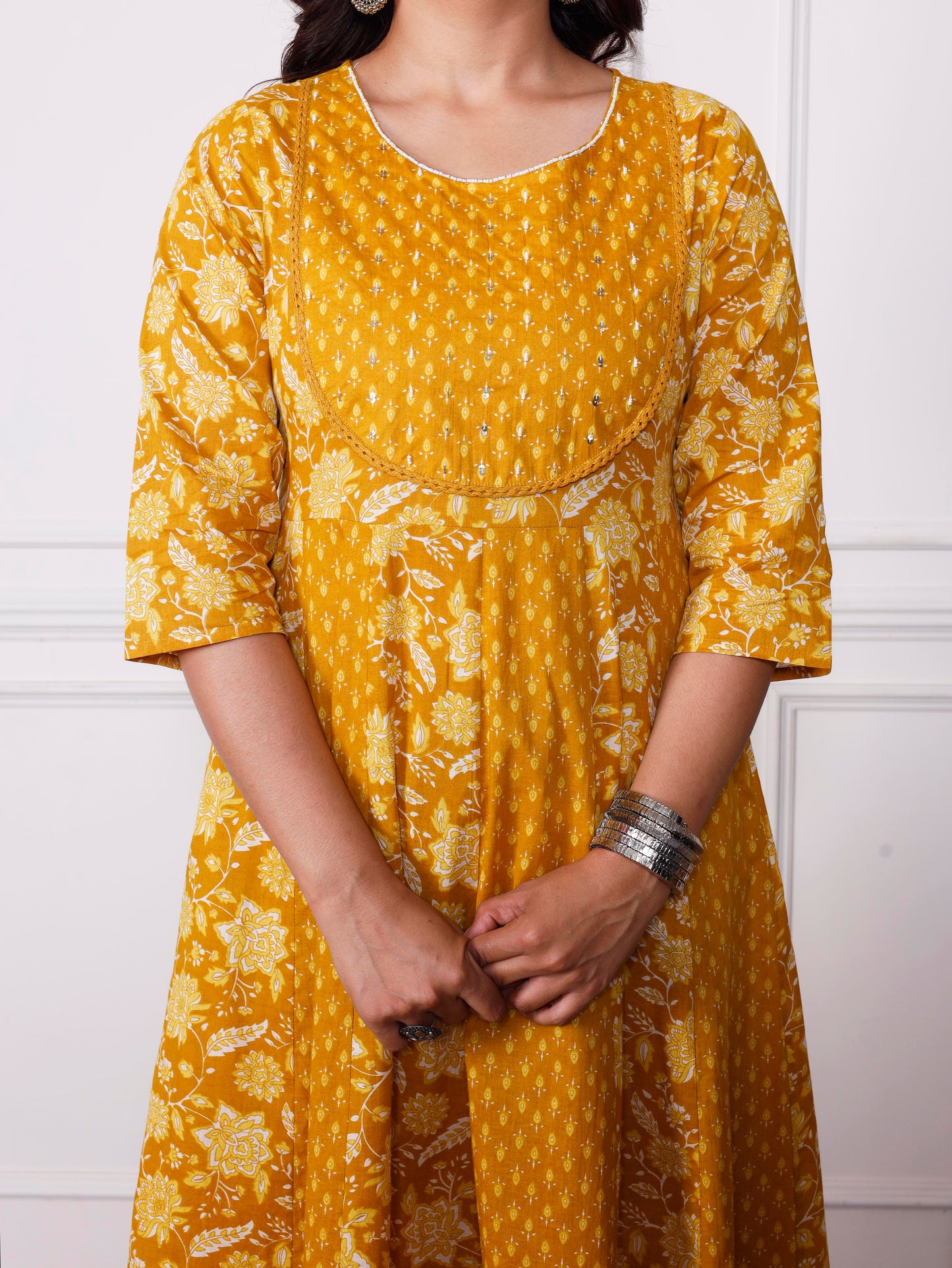 Soft cotton Floral Anarkali Mustard Kurta