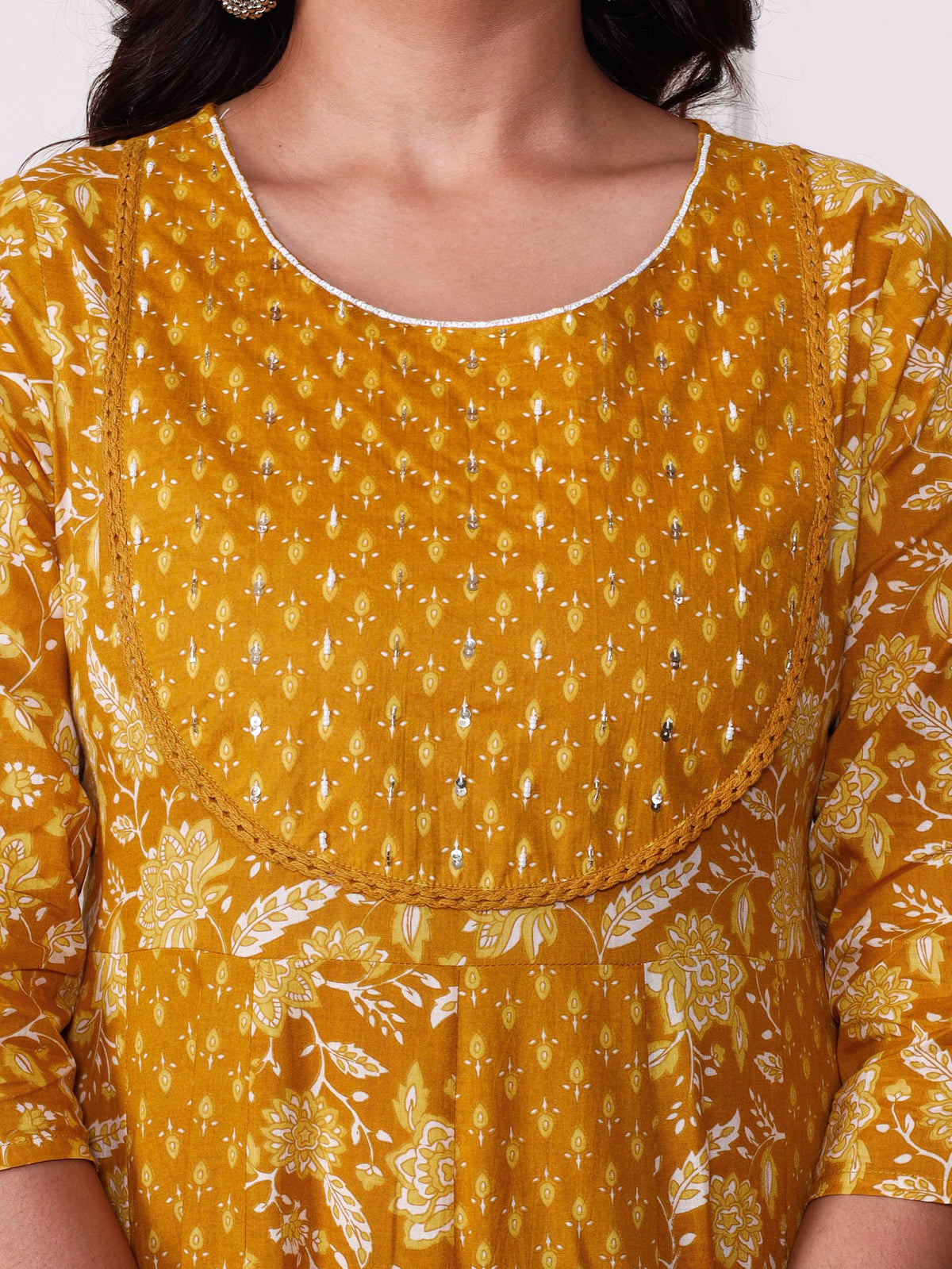 Soft Cotton Floral Anarkali Mustard Kurta