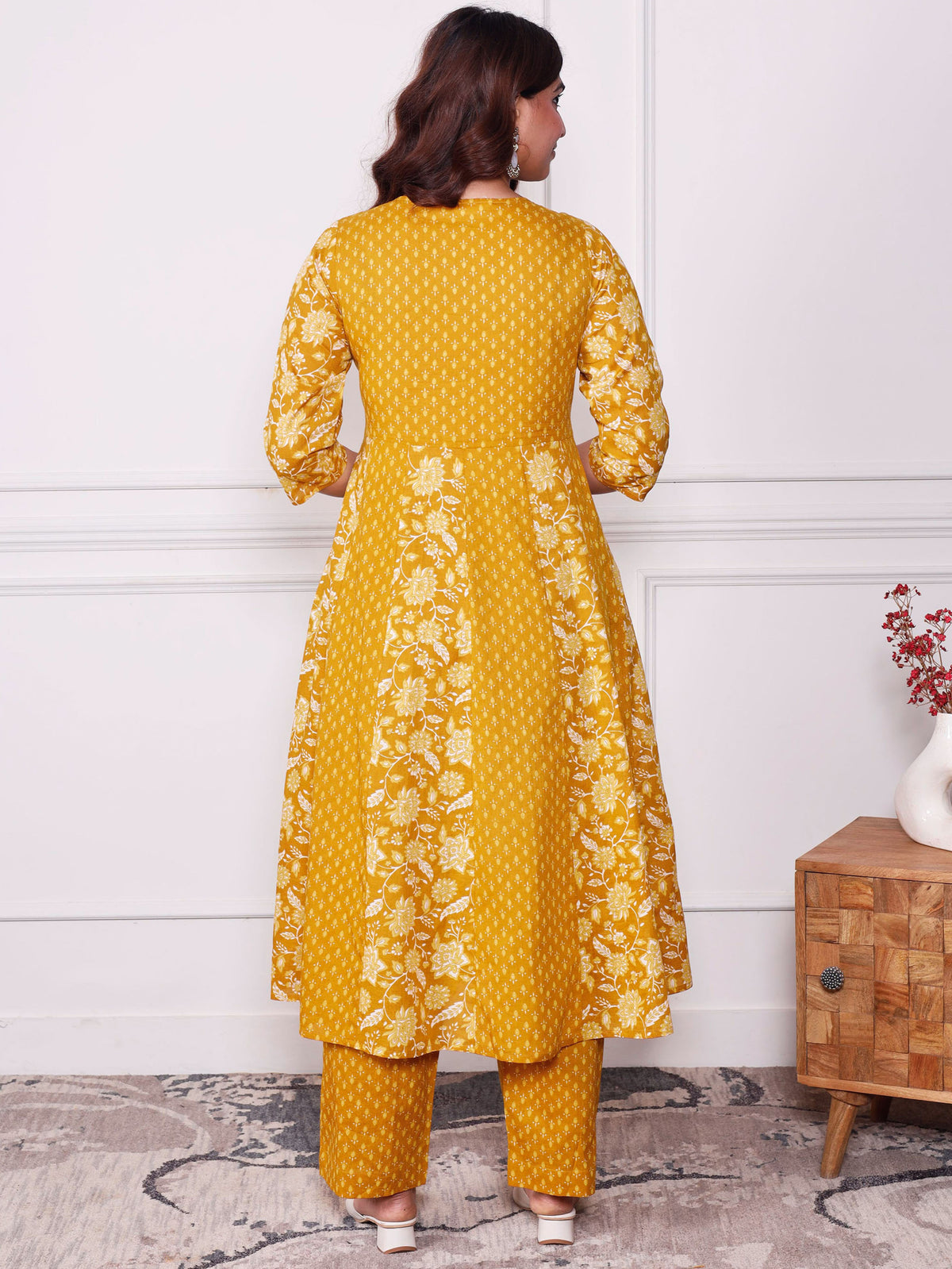 Soft Cotton Floral Anarkali Mustard Kurta
