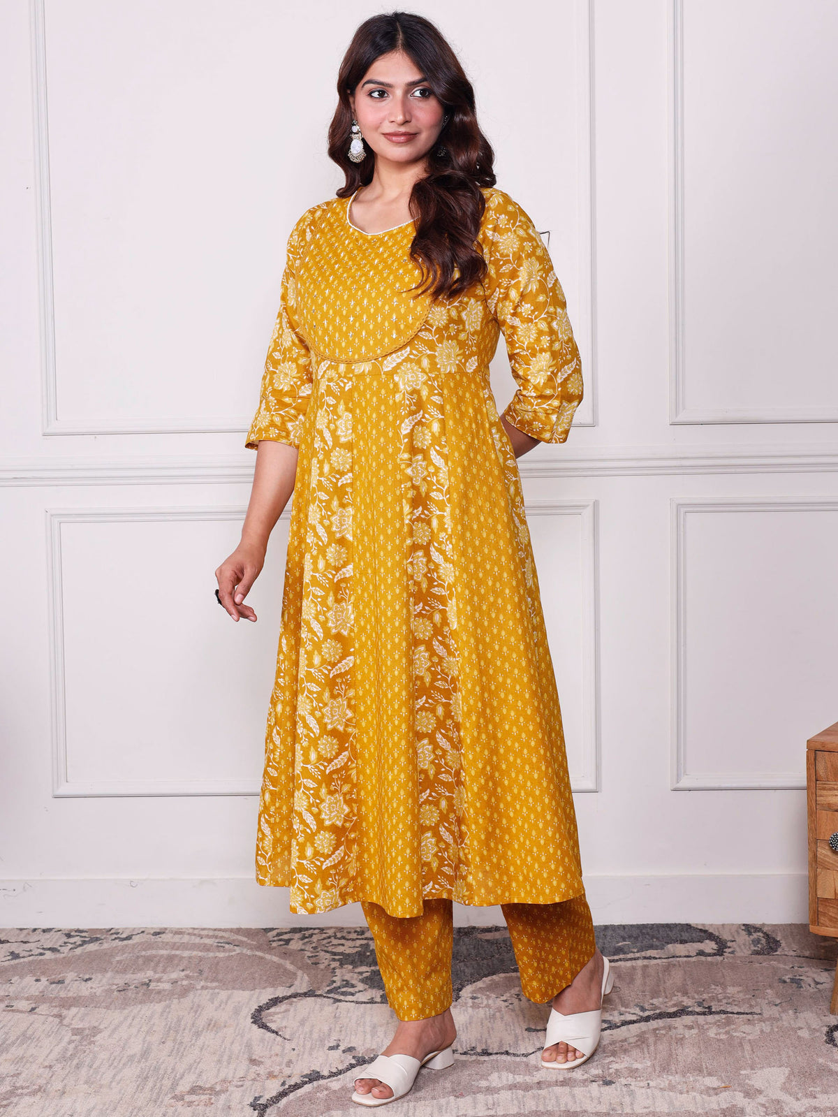 Soft Cotton Floral Anarkali Mustard Kurta