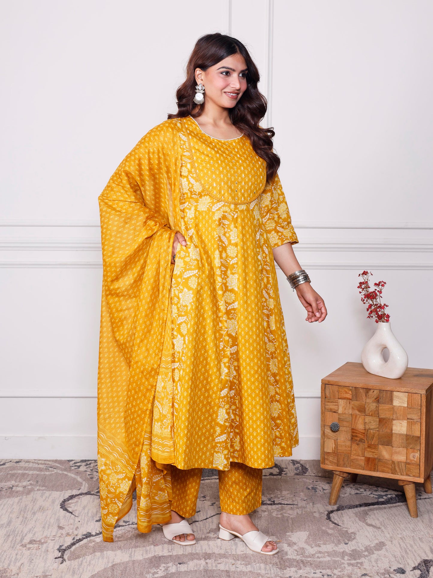 Soft cotton Floral Anarkali Mustard Kurta
