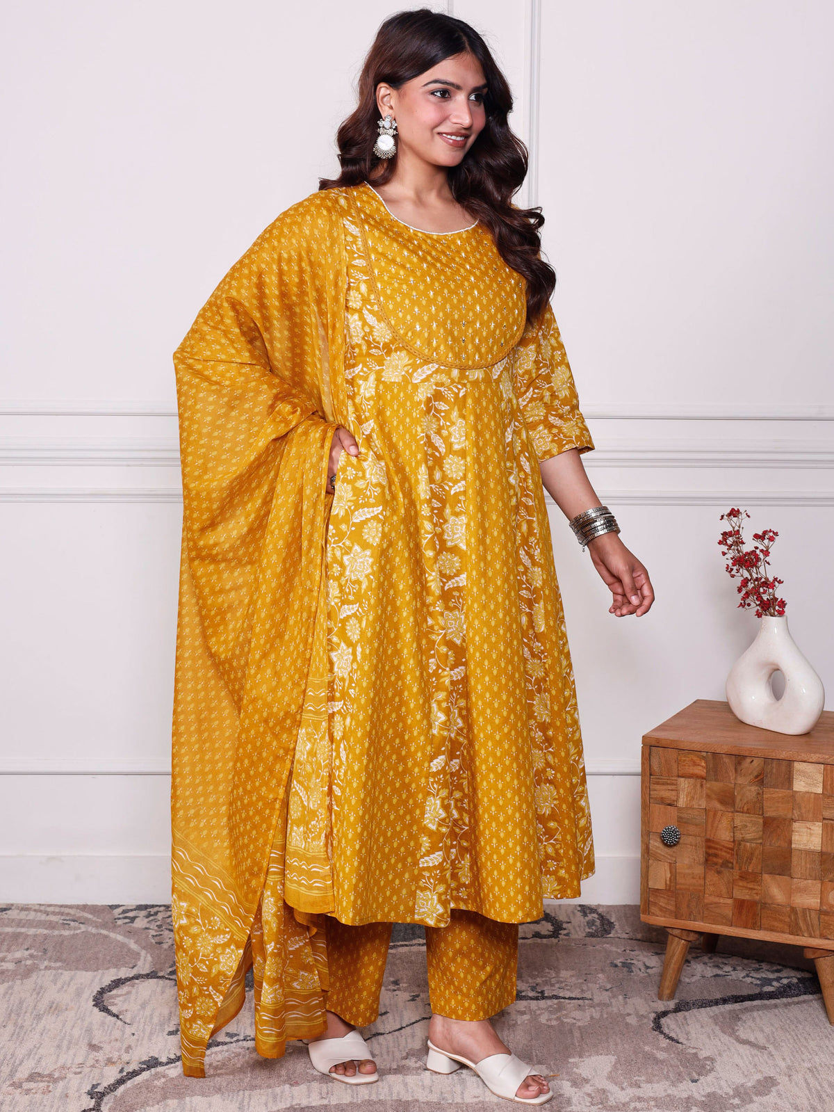 Soft Cotton Floral Anarkali Mustard Kurta