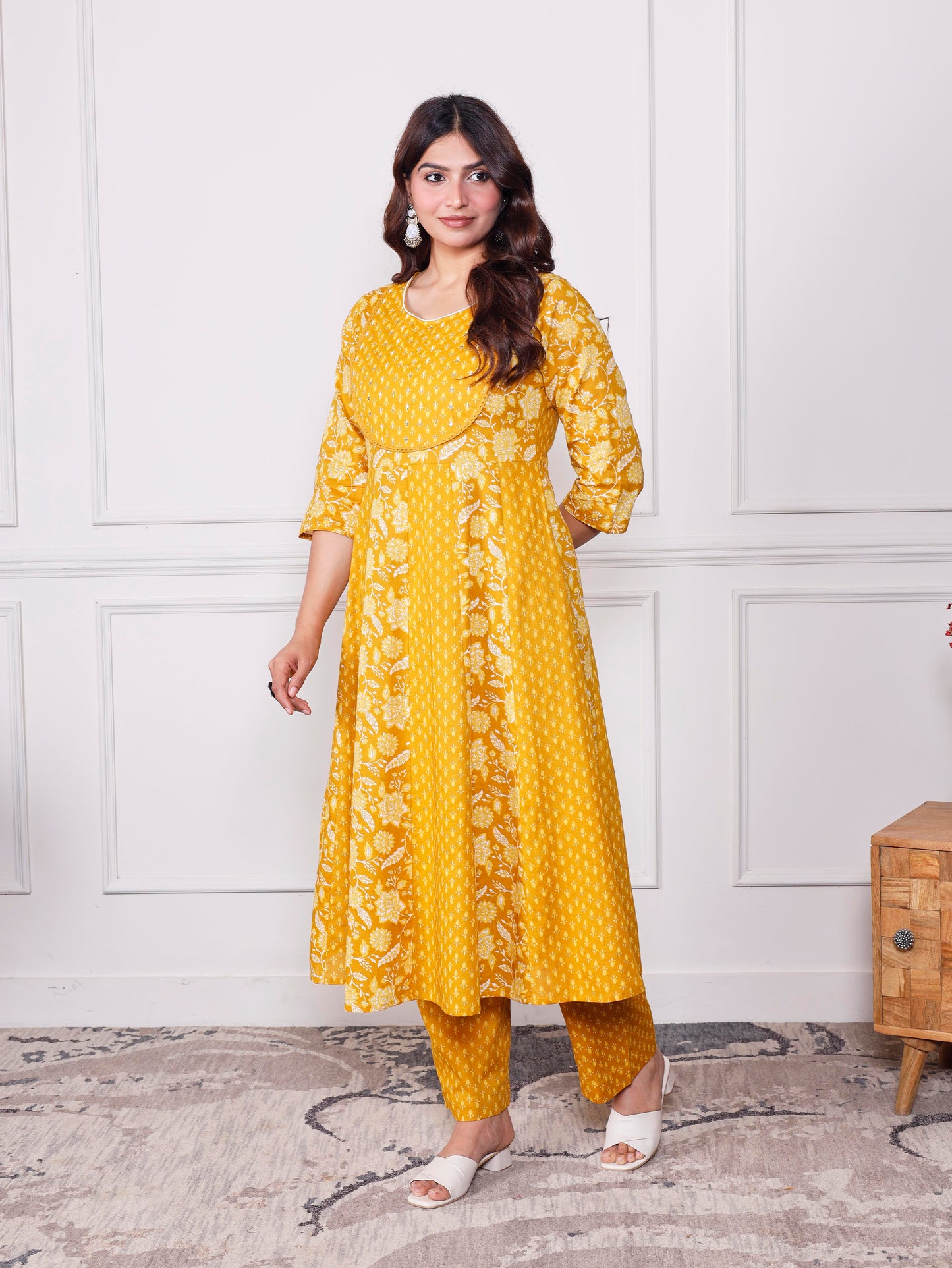 Soft cotton Floral Anarkali Mustard Kurta
