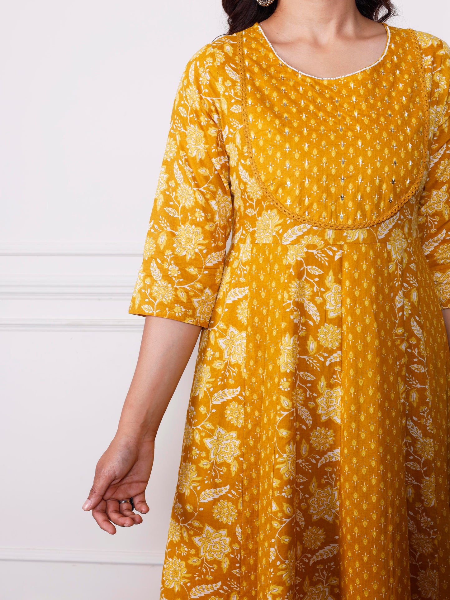Soft cotton Floral Anarkali Mustard Kurta