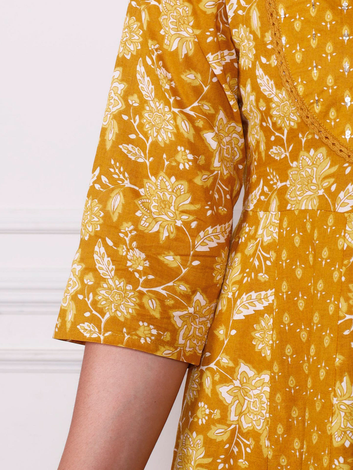 Soft Cotton Floral Anarkali Mustard Kurta