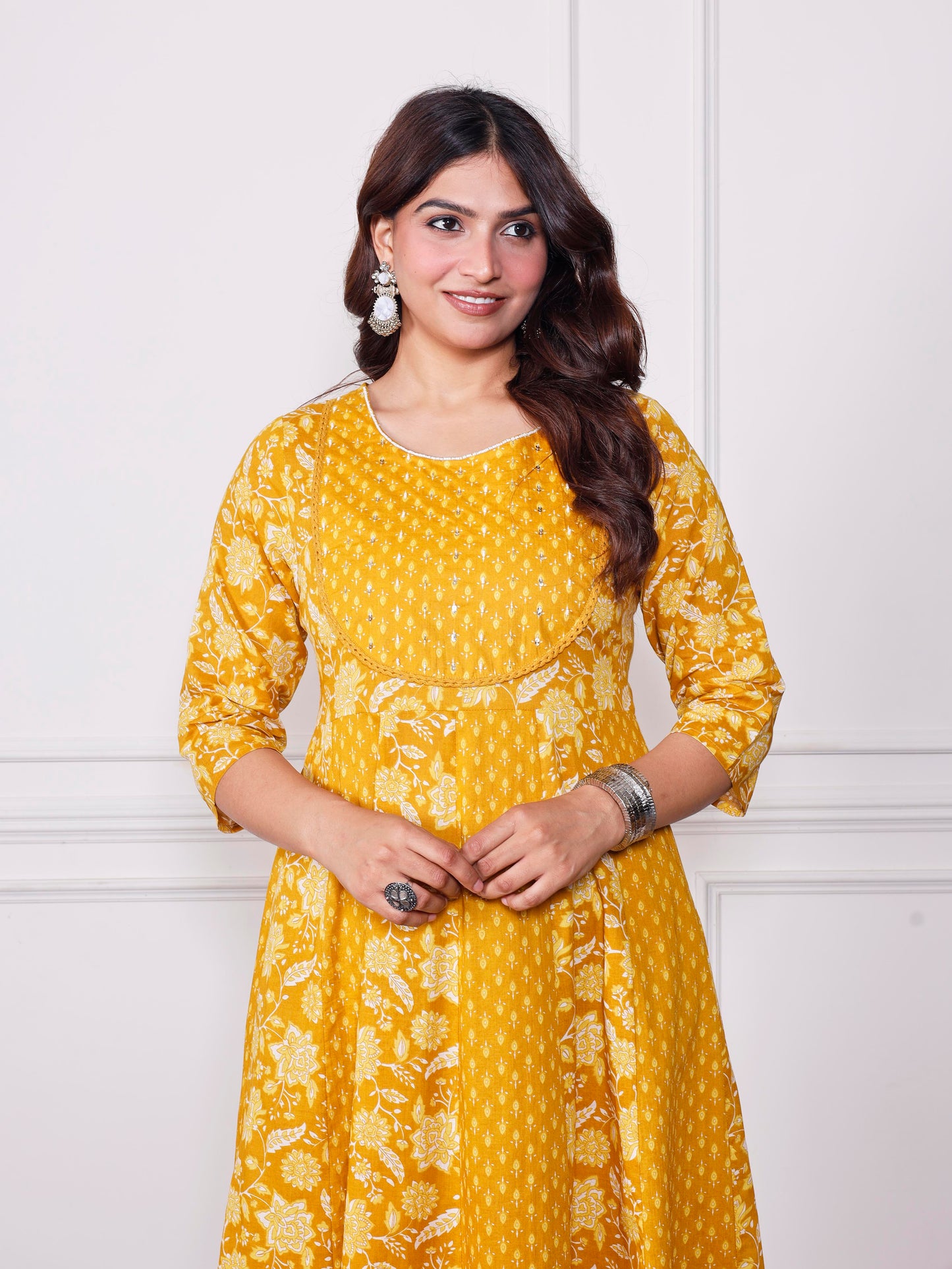 Soft cotton Floral Anarkali Mustard Kurta