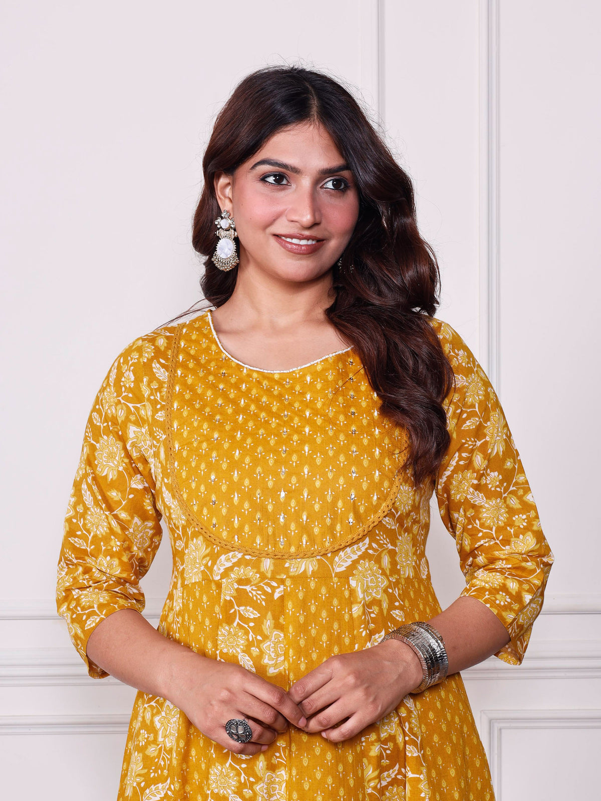 Soft Cotton Floral Anarkali Mustard Kurta