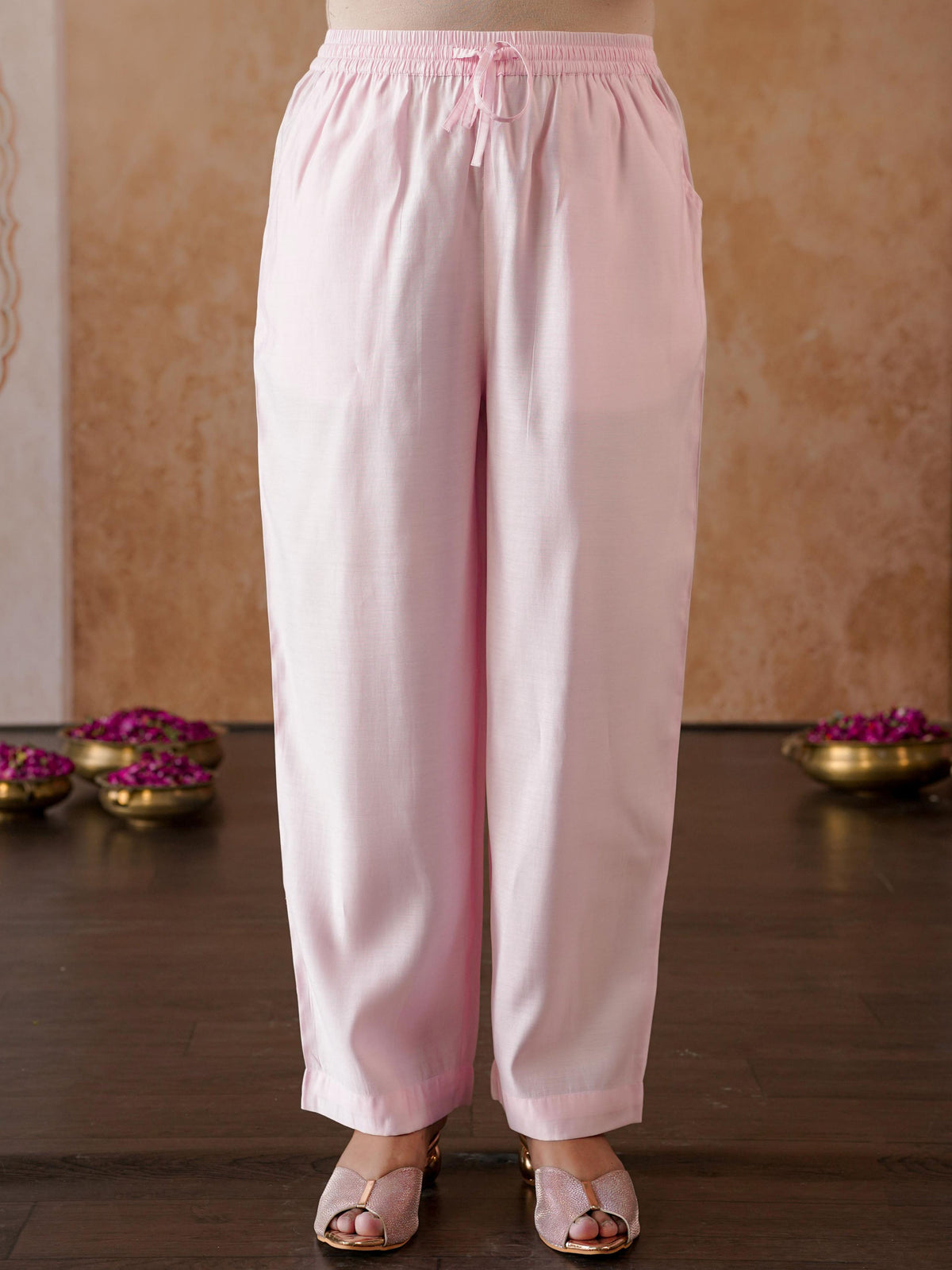 Chanderi Solid Pink Straight Trousers