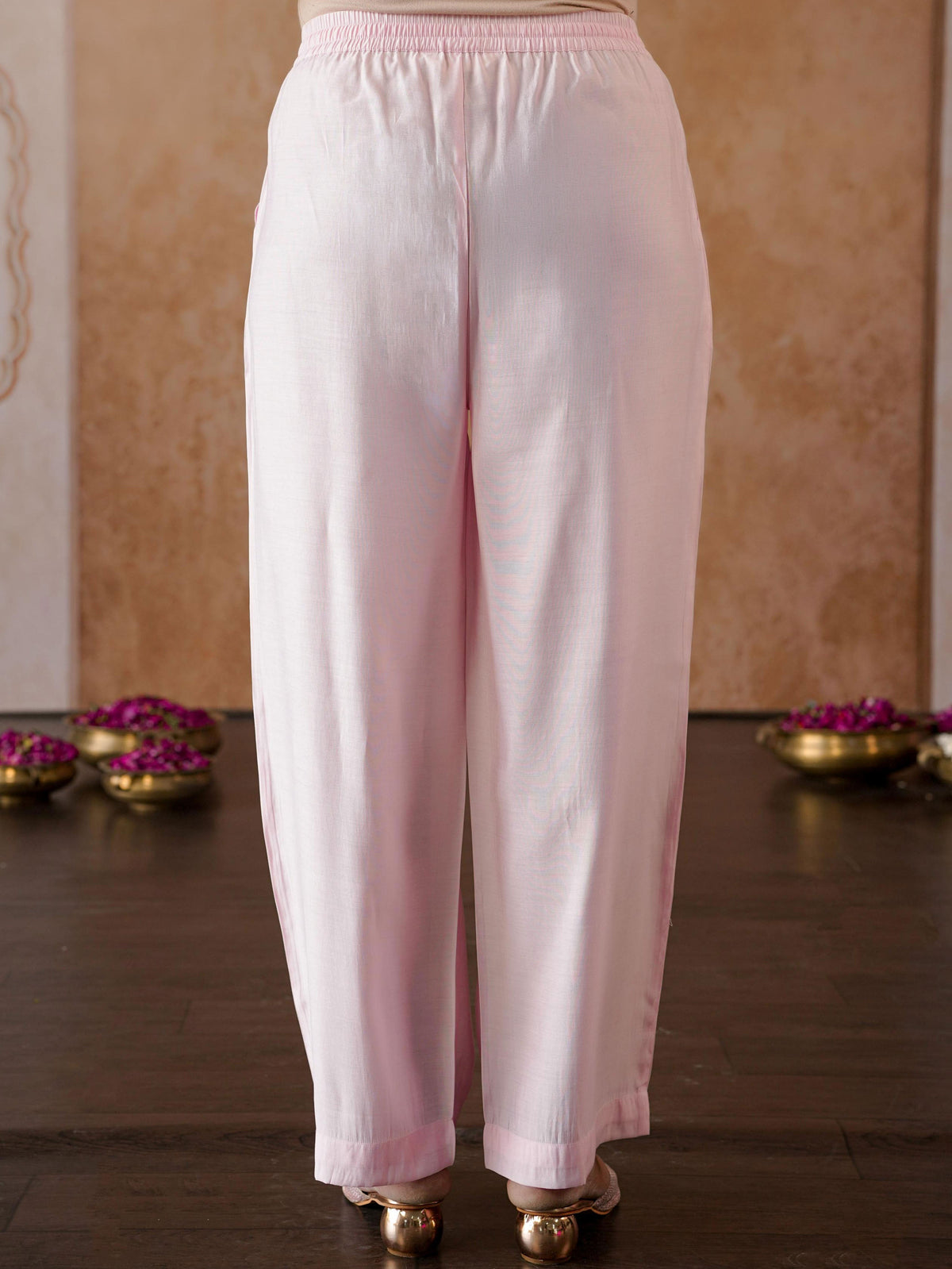 Chanderi Solid Pink Straight Trousers