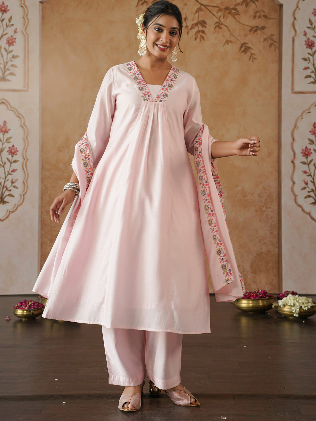 Embroidered chanderi solid pink dupatta