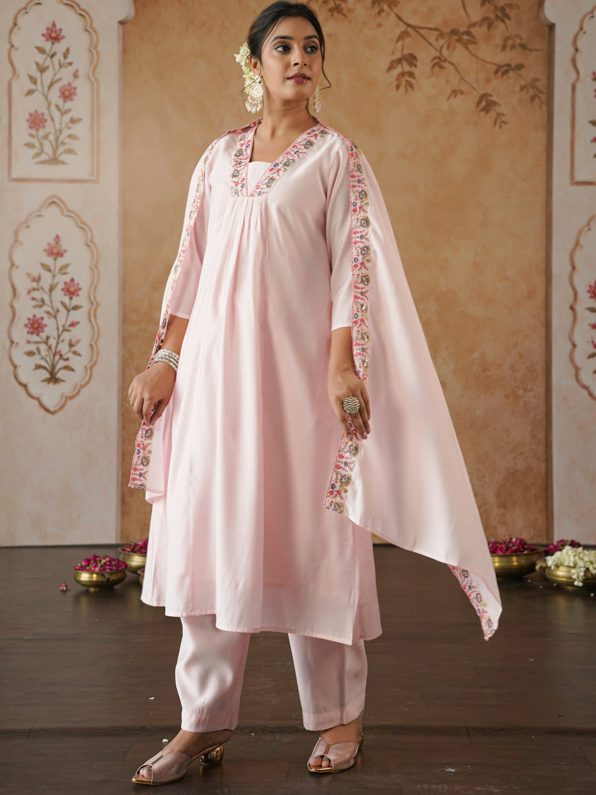 Embroidered chanderi solid pink dupatta