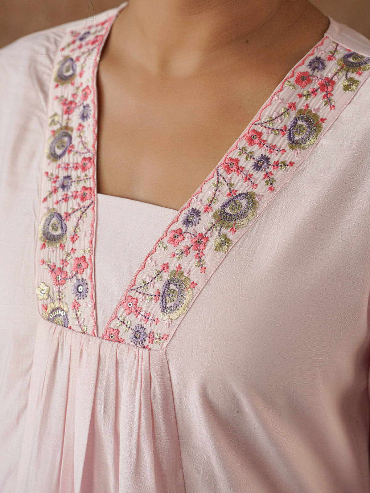 Embroidered chanderi solid flared pink kurta