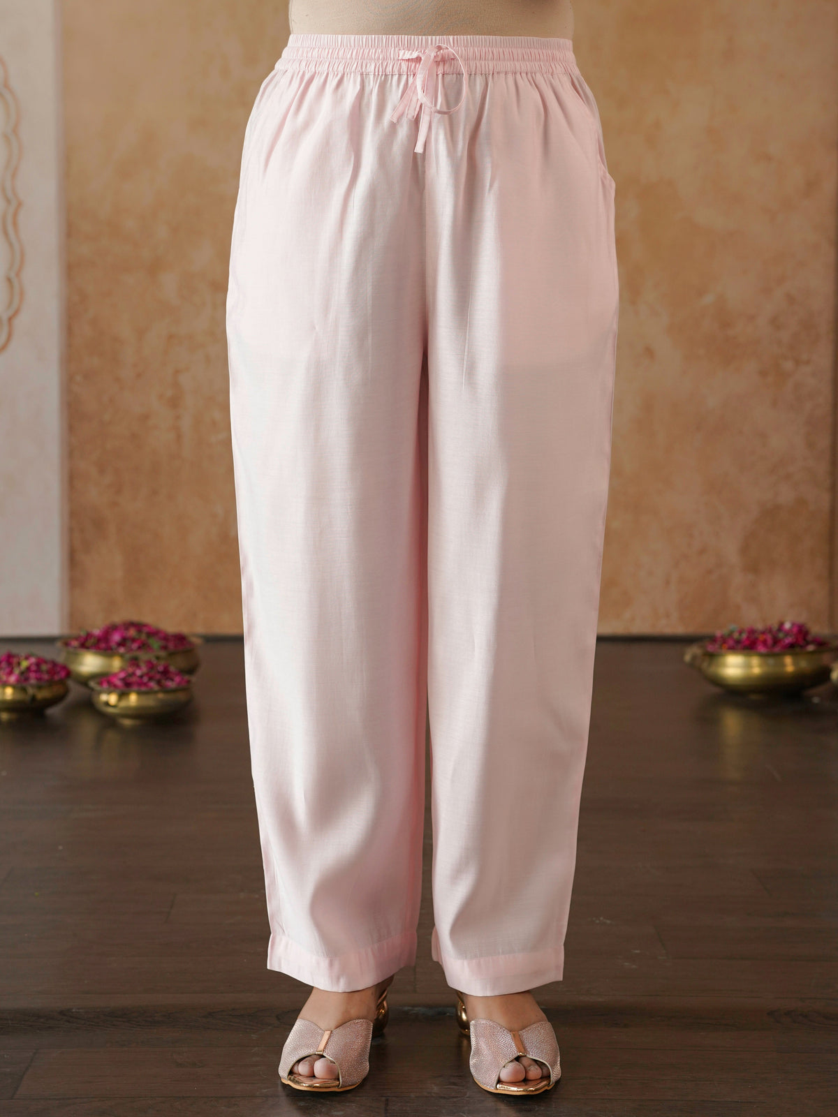 Embroidered chanderi solid flared pink kurta