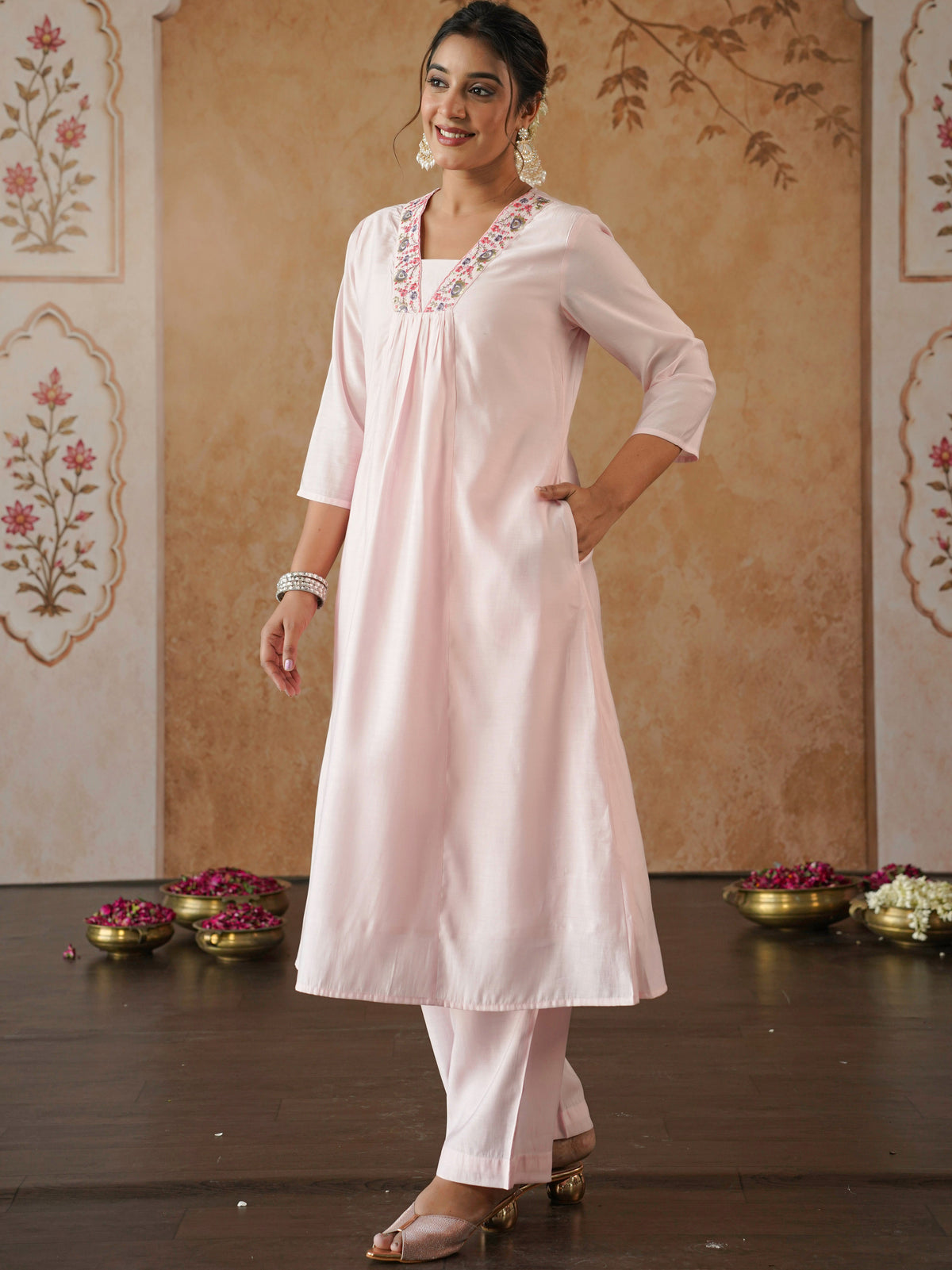 Embroidered chanderi solid flared pink kurta