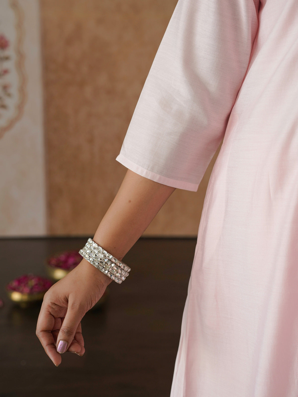 Embroidered chanderi solid flared pink kurta