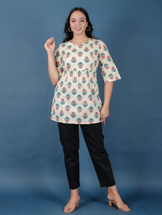 Soft Cotton Floral A-line Cream Kurti