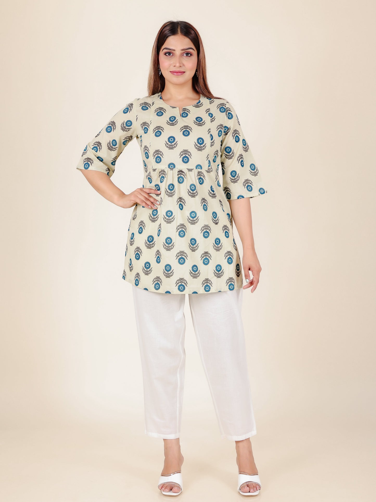 Soft Cotton Floral A-line White Kurti