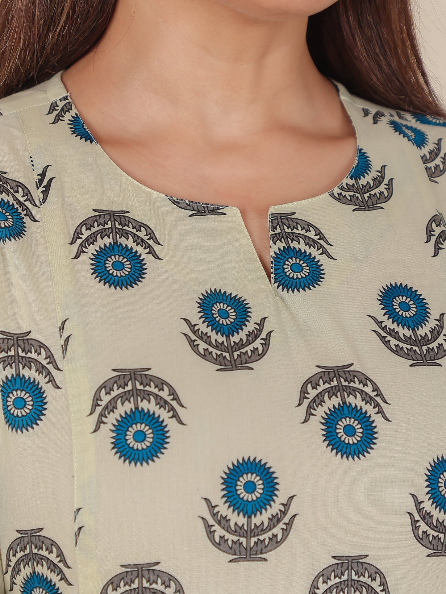 Soft Cotton Floral A-line White Kurti