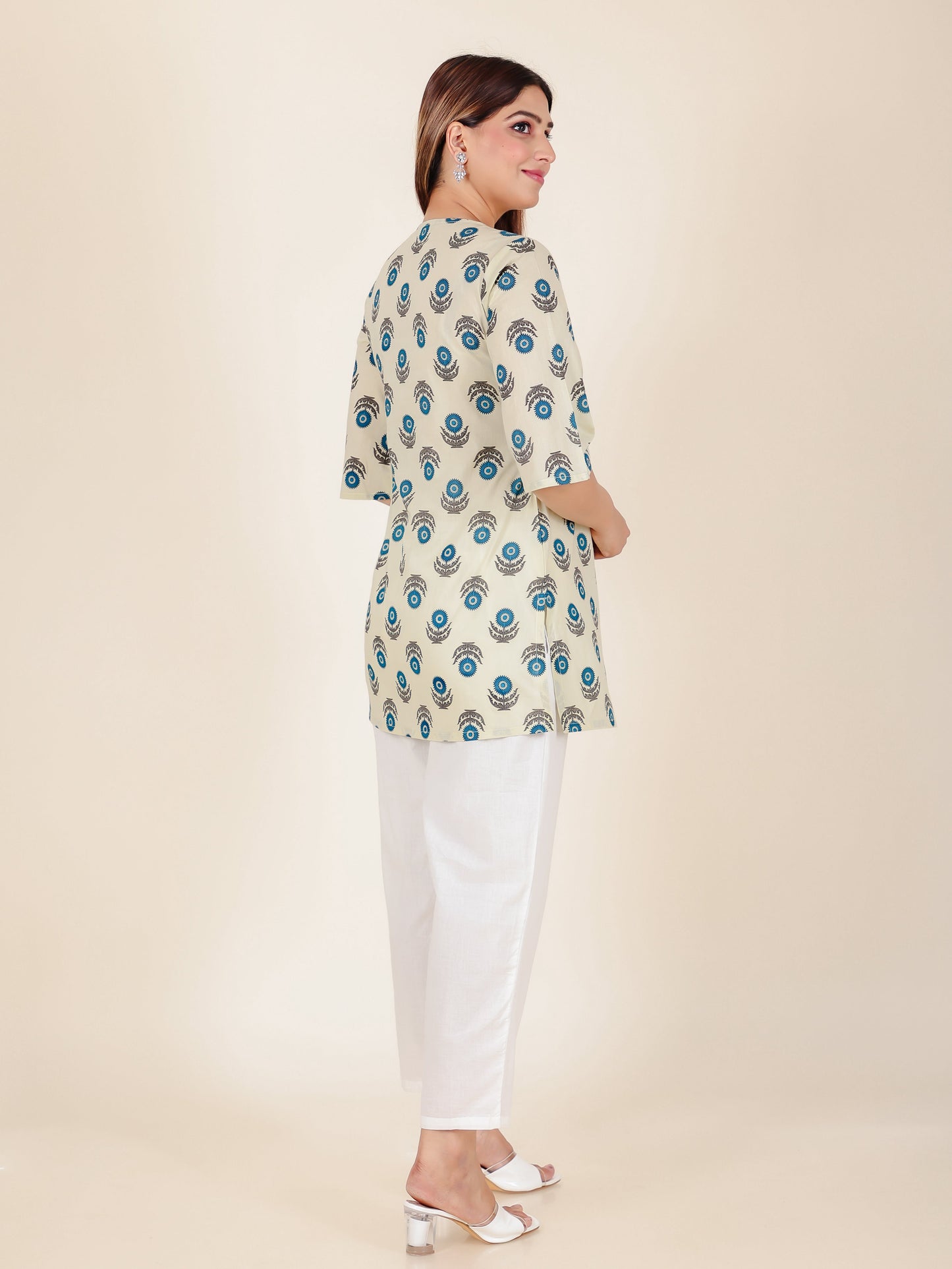 Soft Cotton Floral A-line White Kurti
