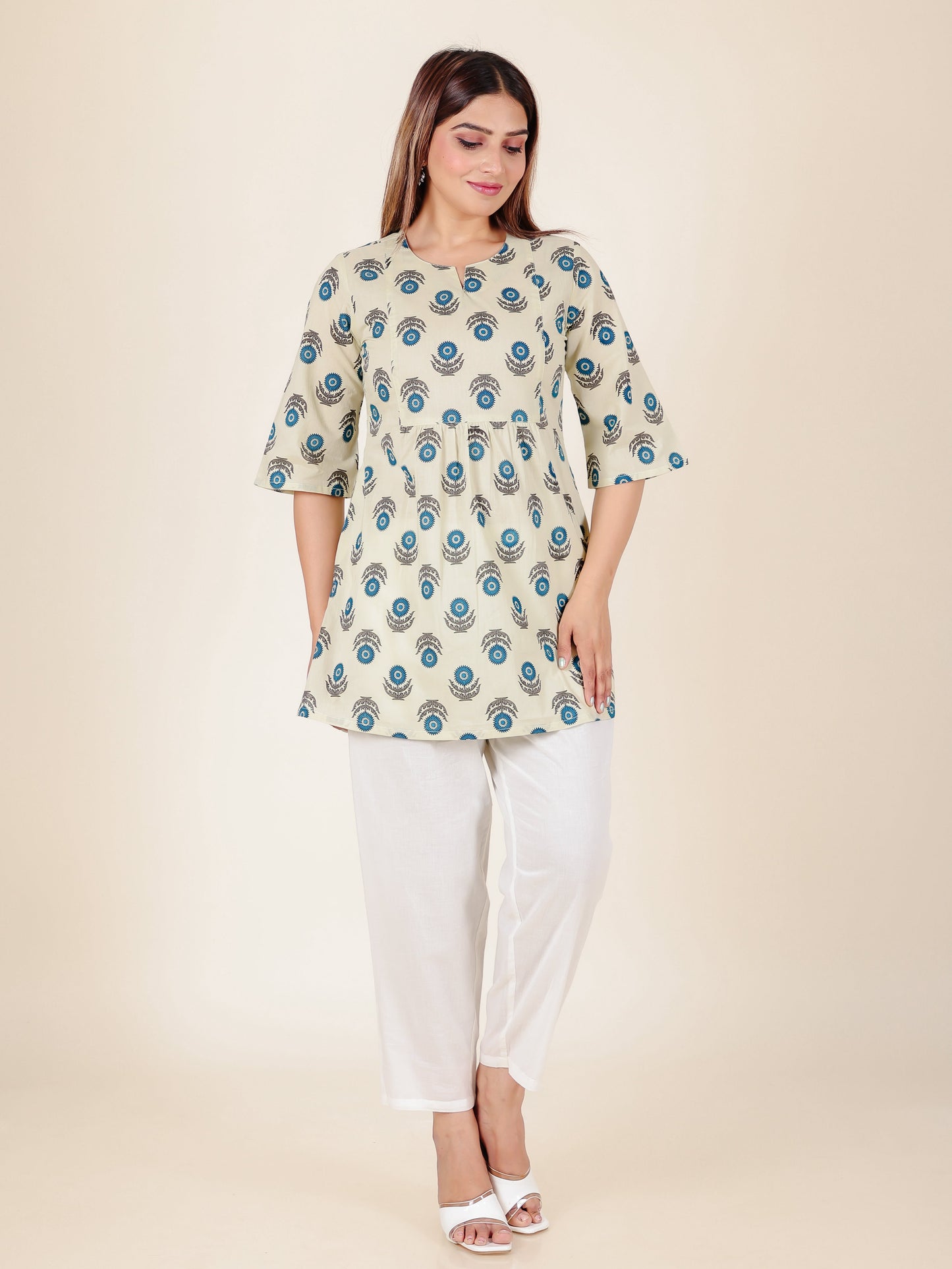 Soft Cotton Floral A-line White Kurti