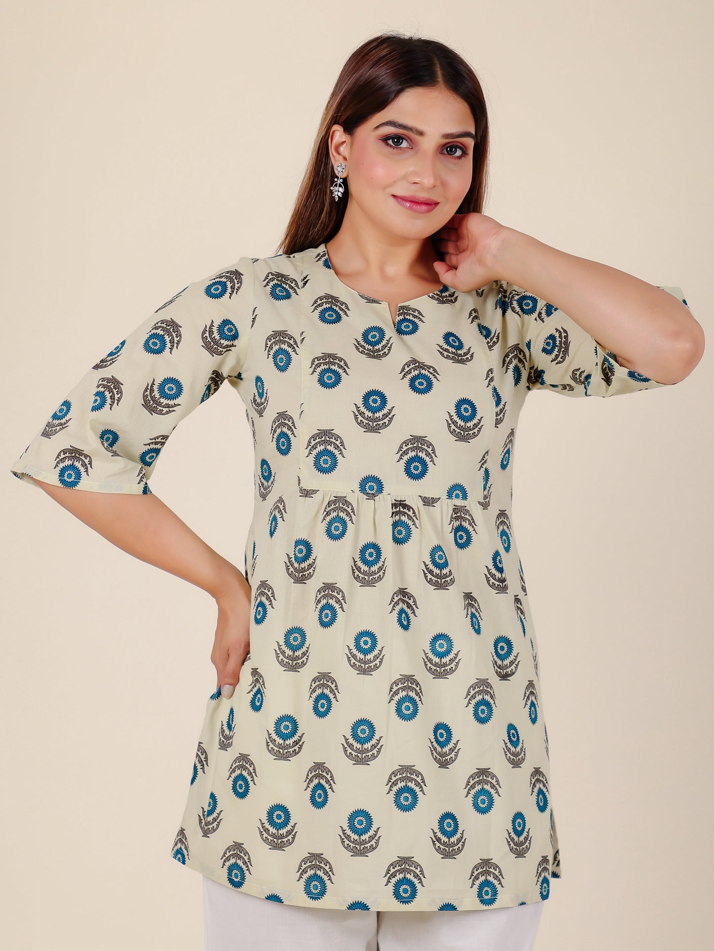 Soft Cotton Floral A-line White Kurti