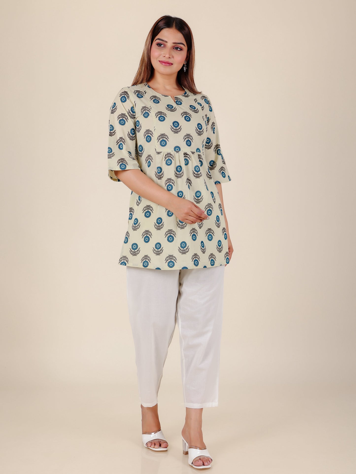 Soft Cotton Floral A-line White Kurti