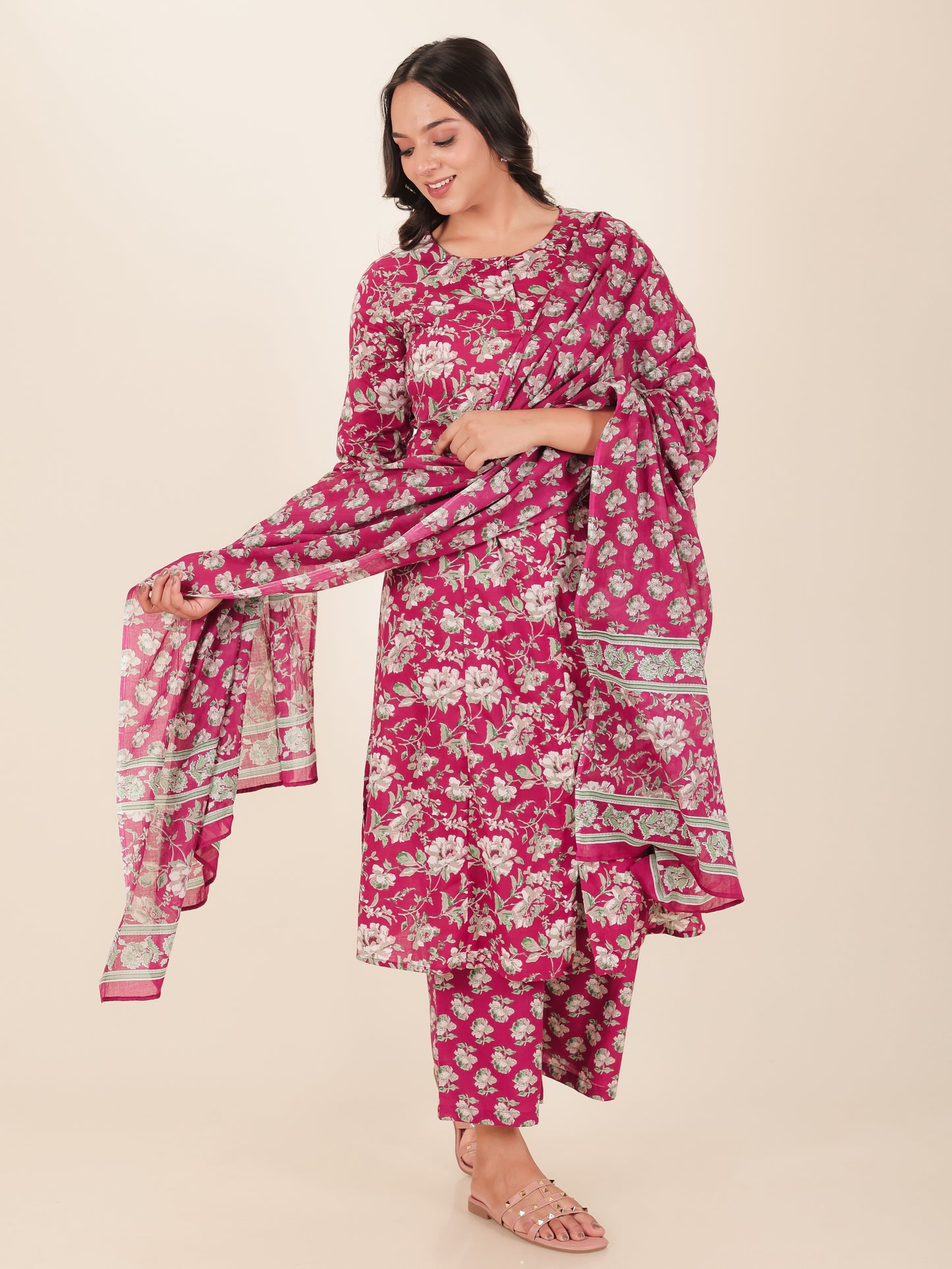 Soft Cotton Floral A-line Pink Kurta