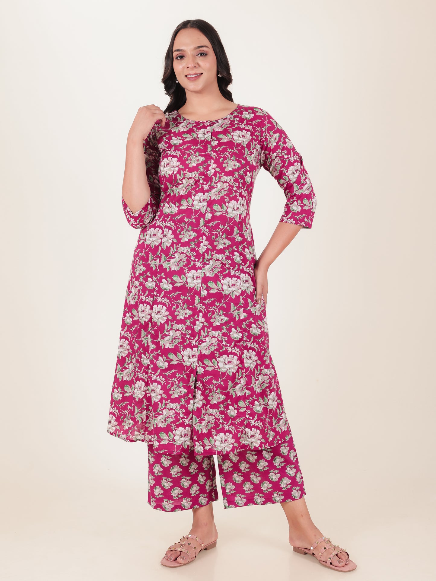 Soft Cotton Floral A-line Pink Kurta