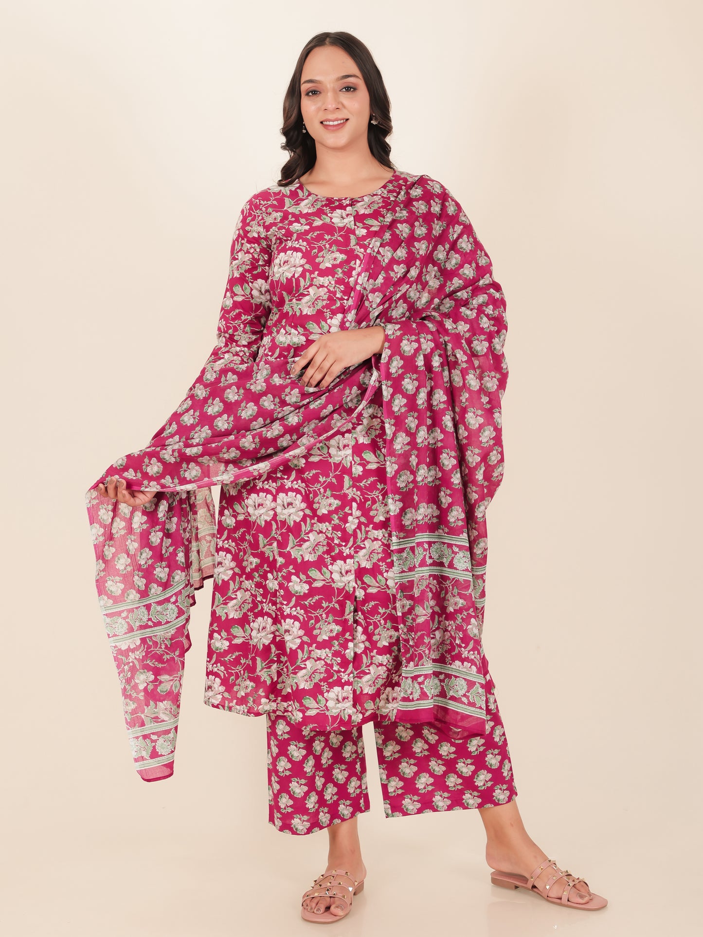 Soft Cotton Floral A-line Pink Kurta