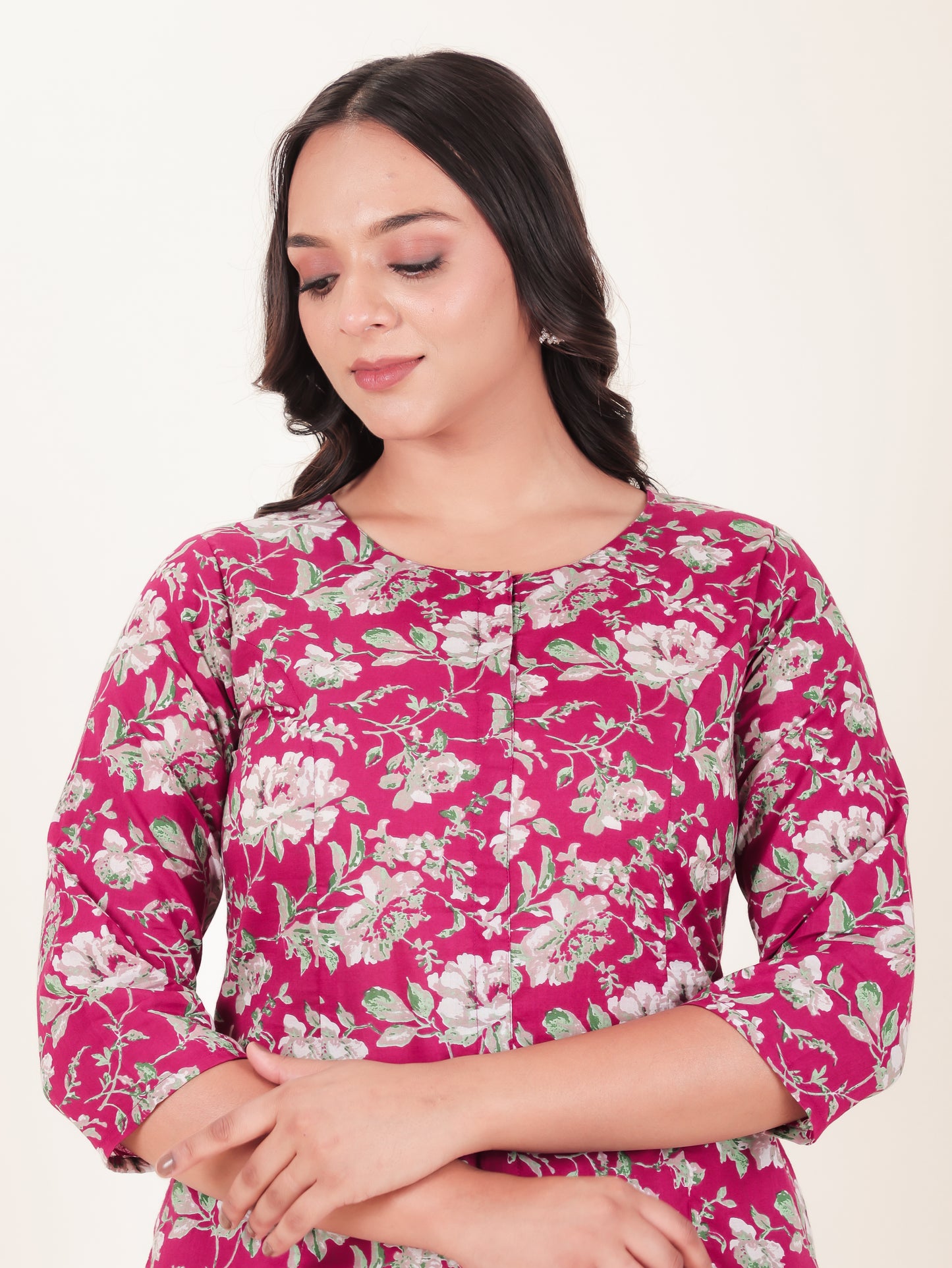 Soft Cotton Floral A-line Pink Kurta