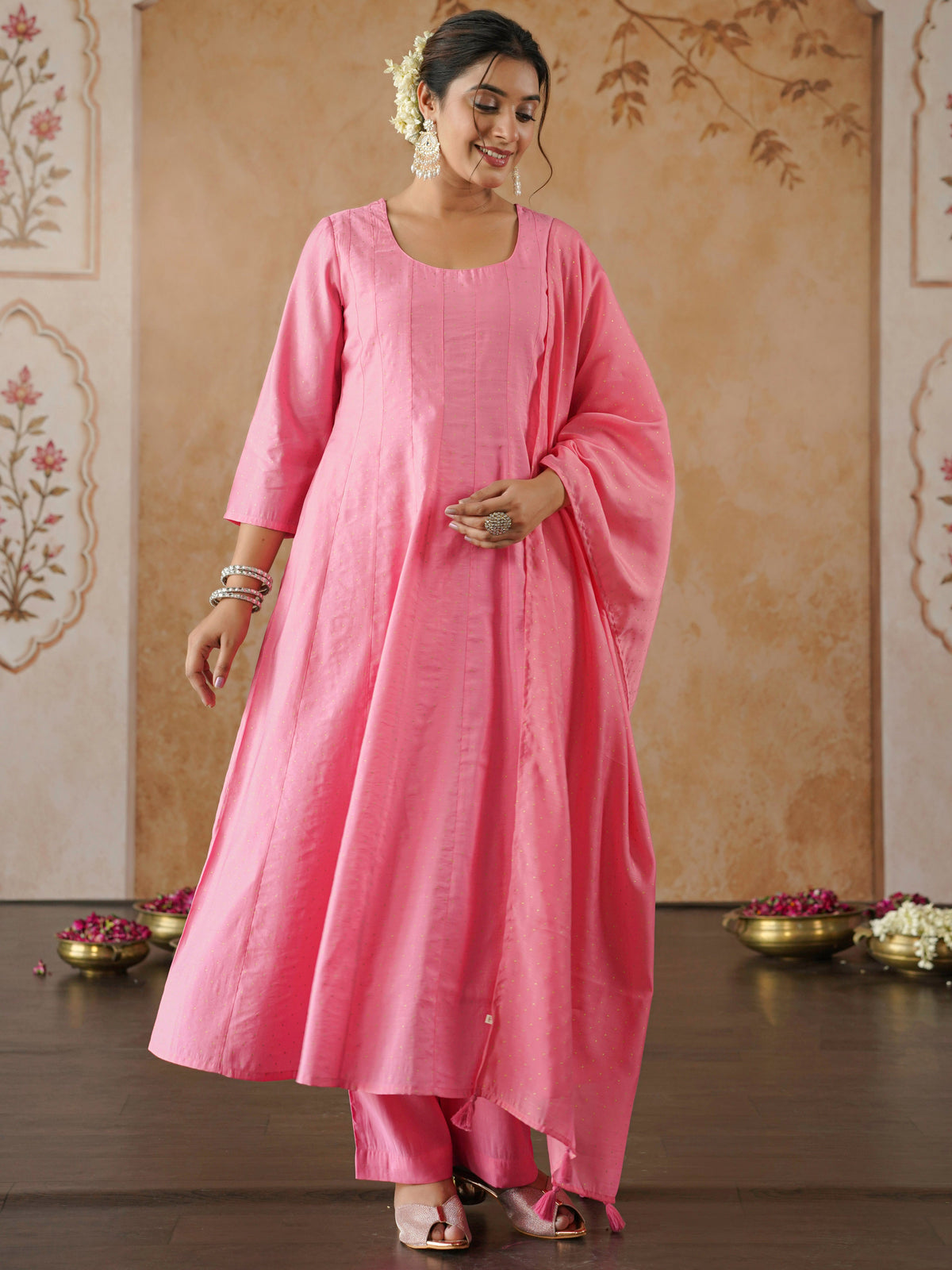 chanderi polka baby pink dupatta