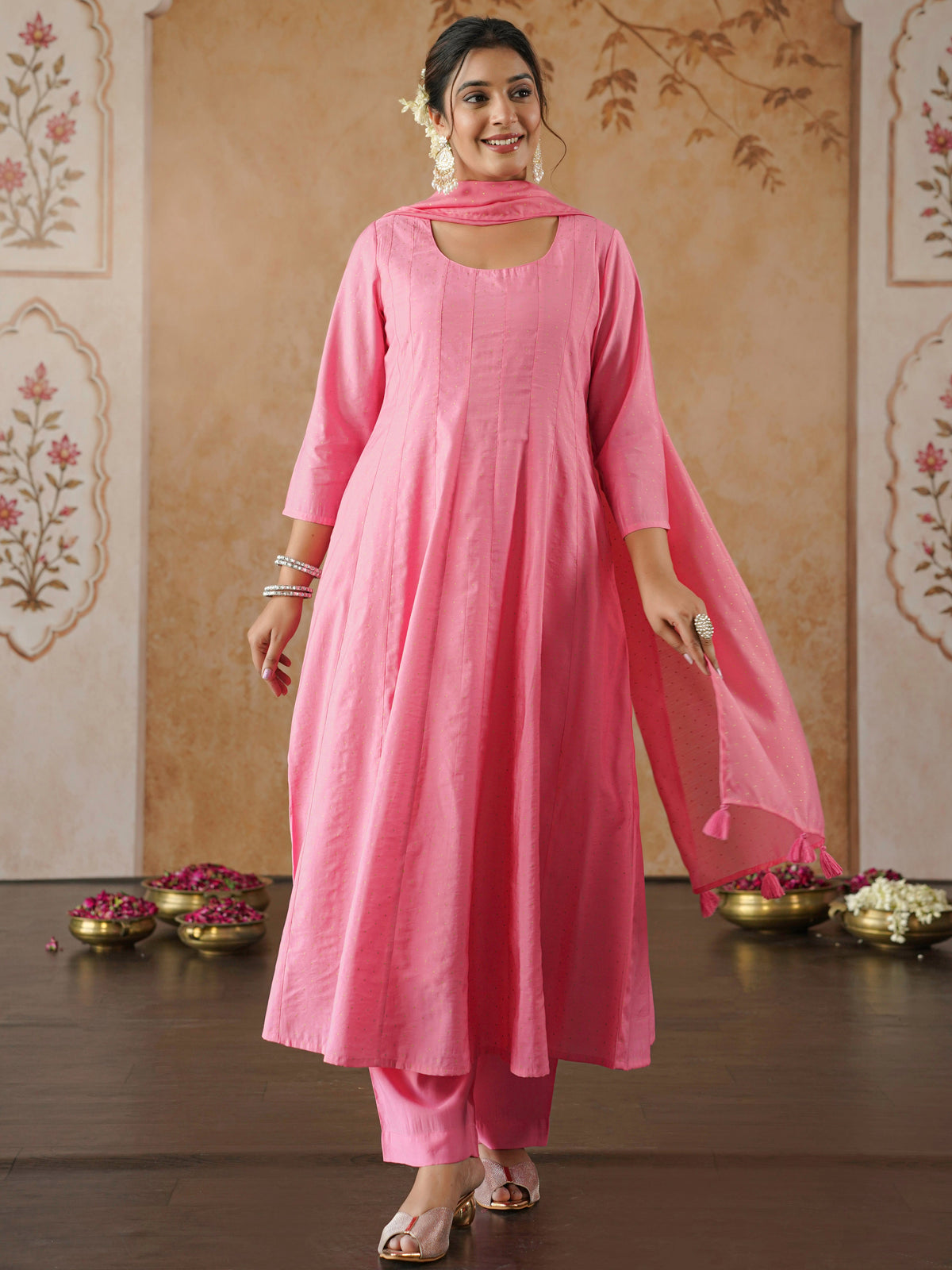 chanderi polka baby pink dupatta