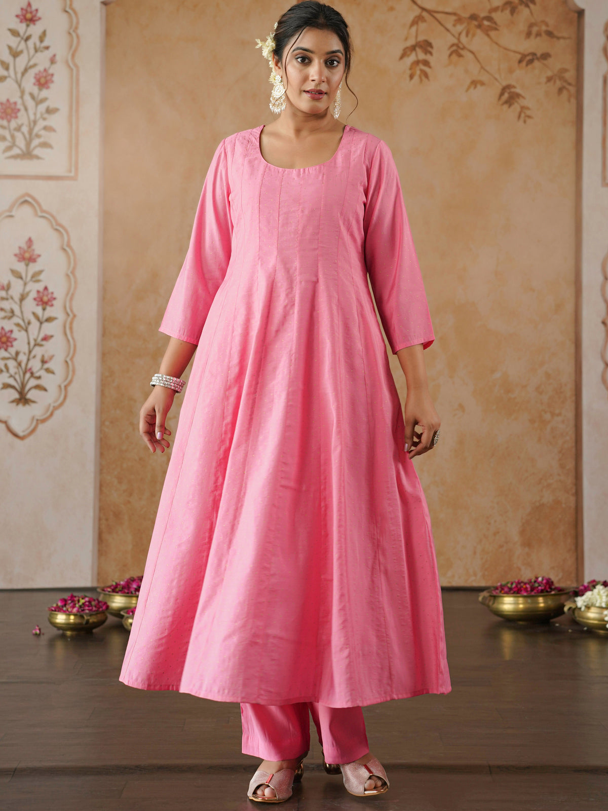 chanderi polka anarkali pink top