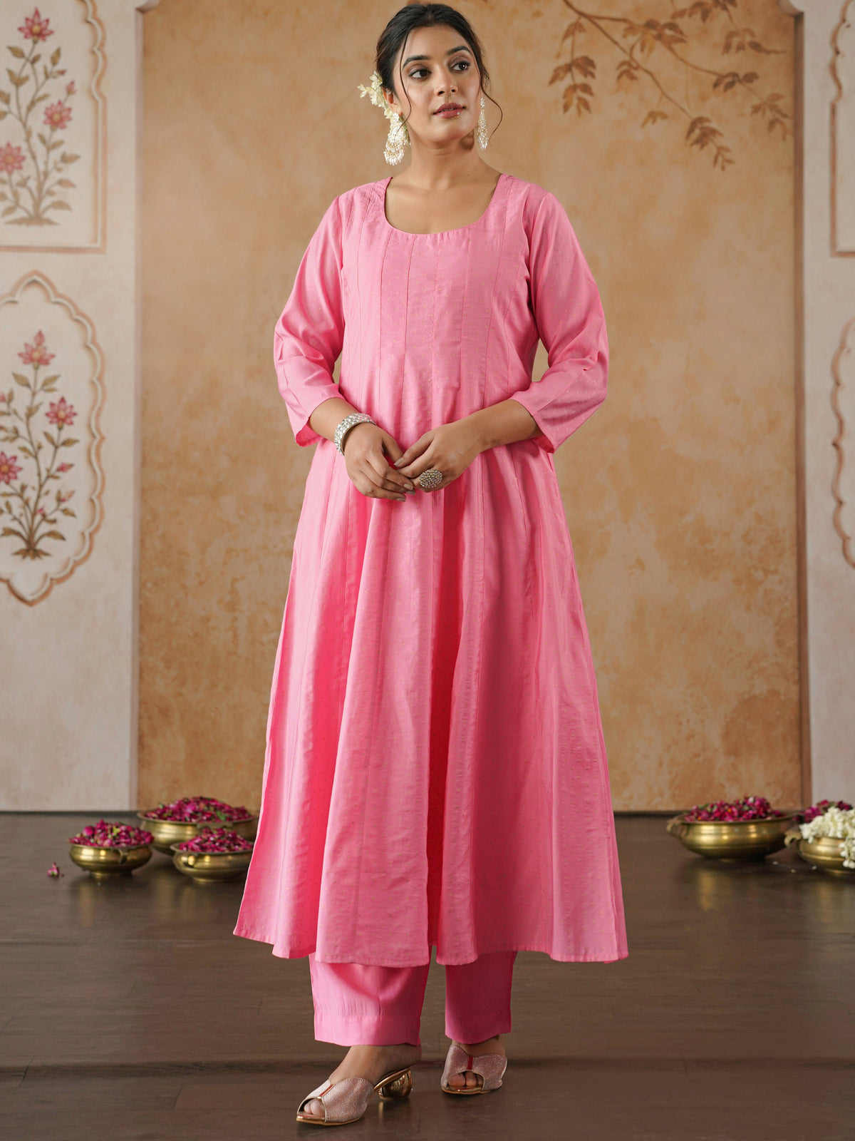 chanderi polka anarkali pink top