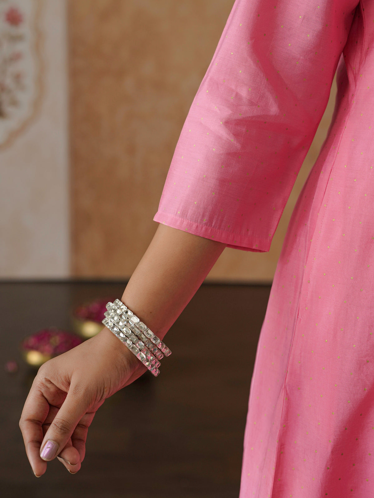 chanderi polka anarkali pink top