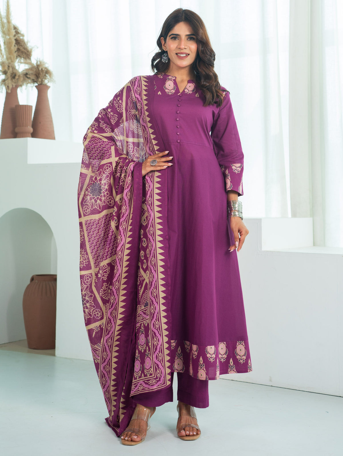Cotton Voile Geometric Purple Dupatta