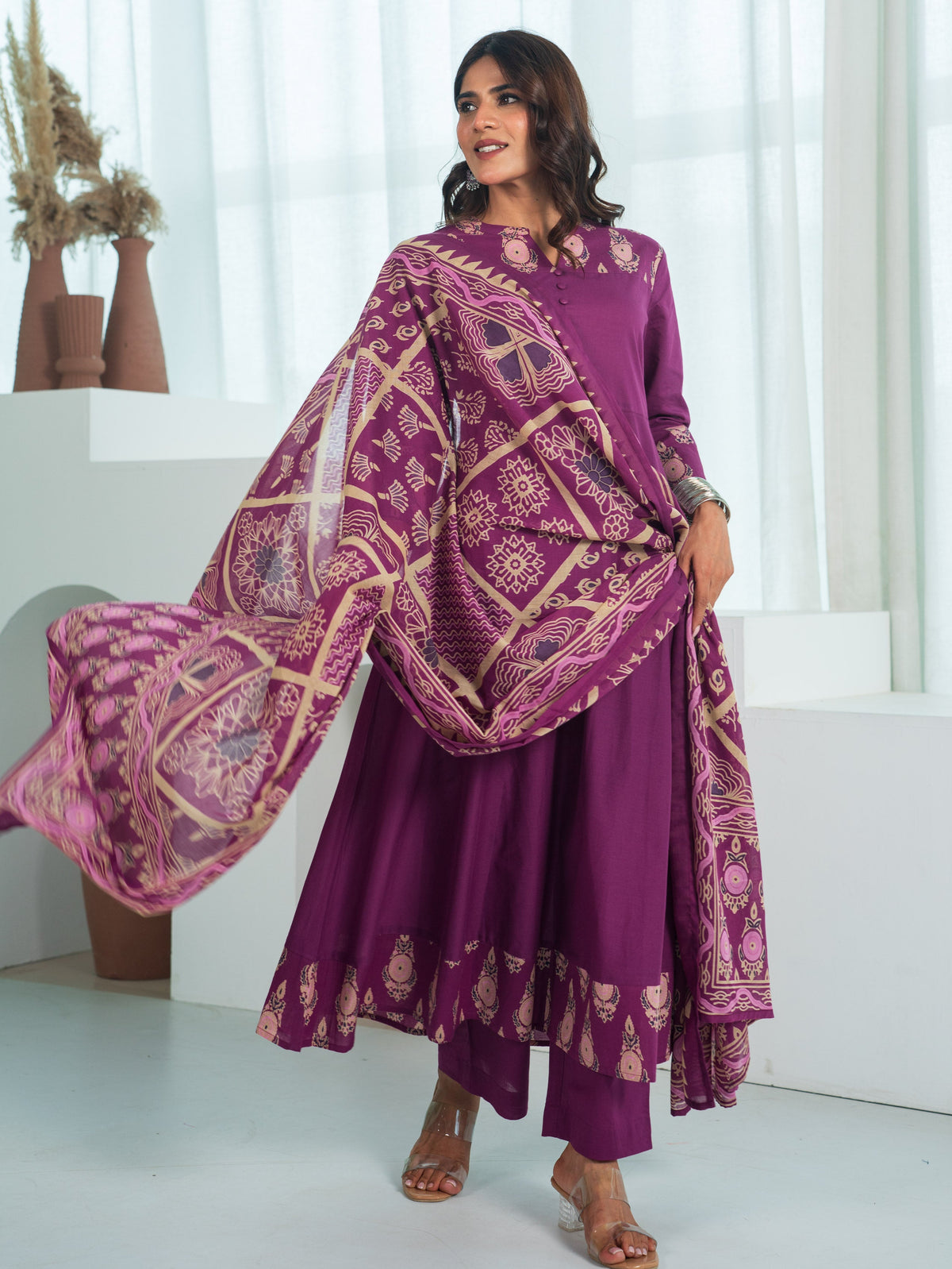 Cotton Voile Geometric Purple Dupatta