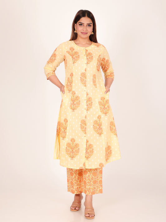 Soft Cotton Floral A-line Yellow Kurta