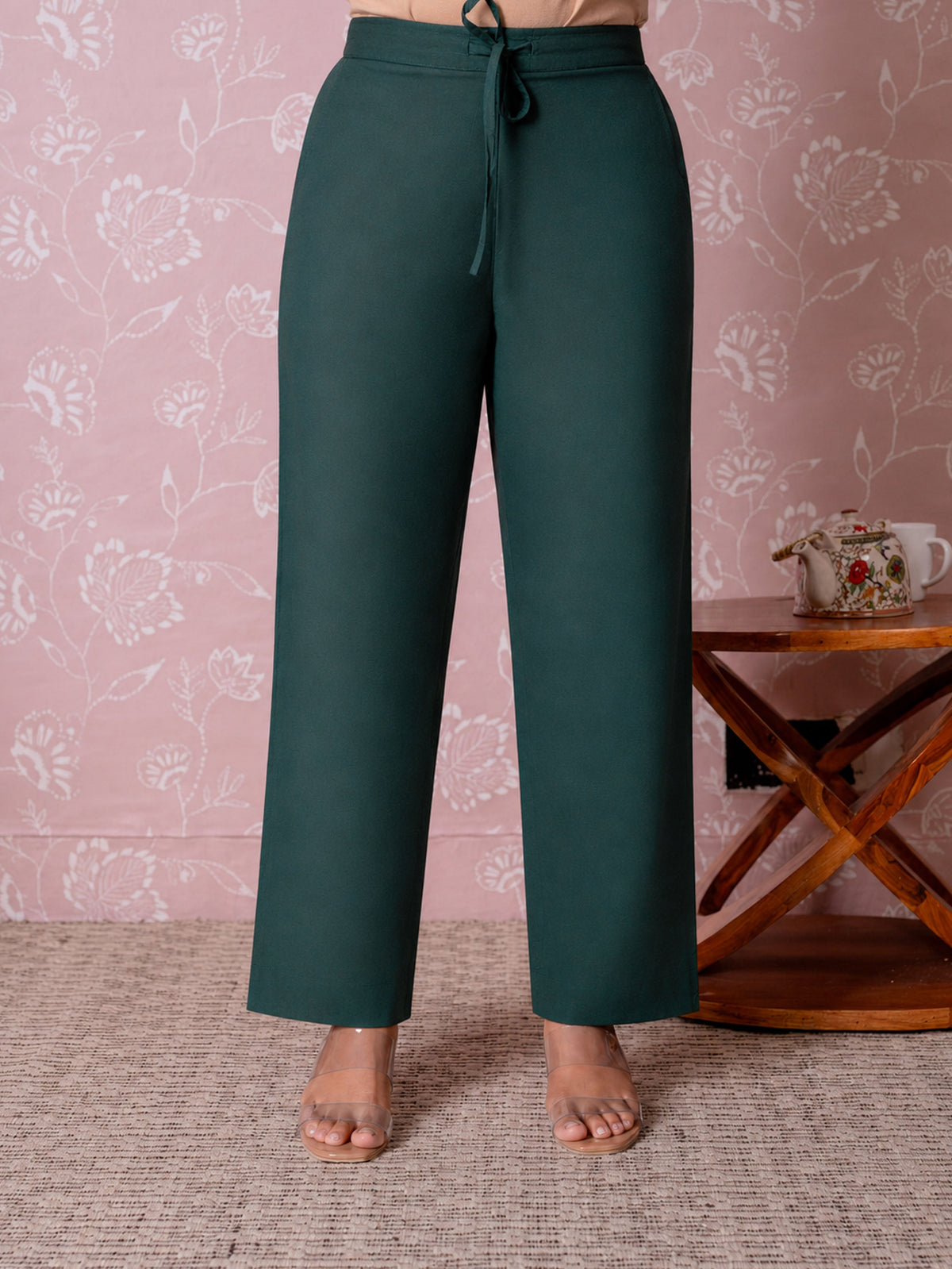 Soft Cotton Solid Green Straight Trousers