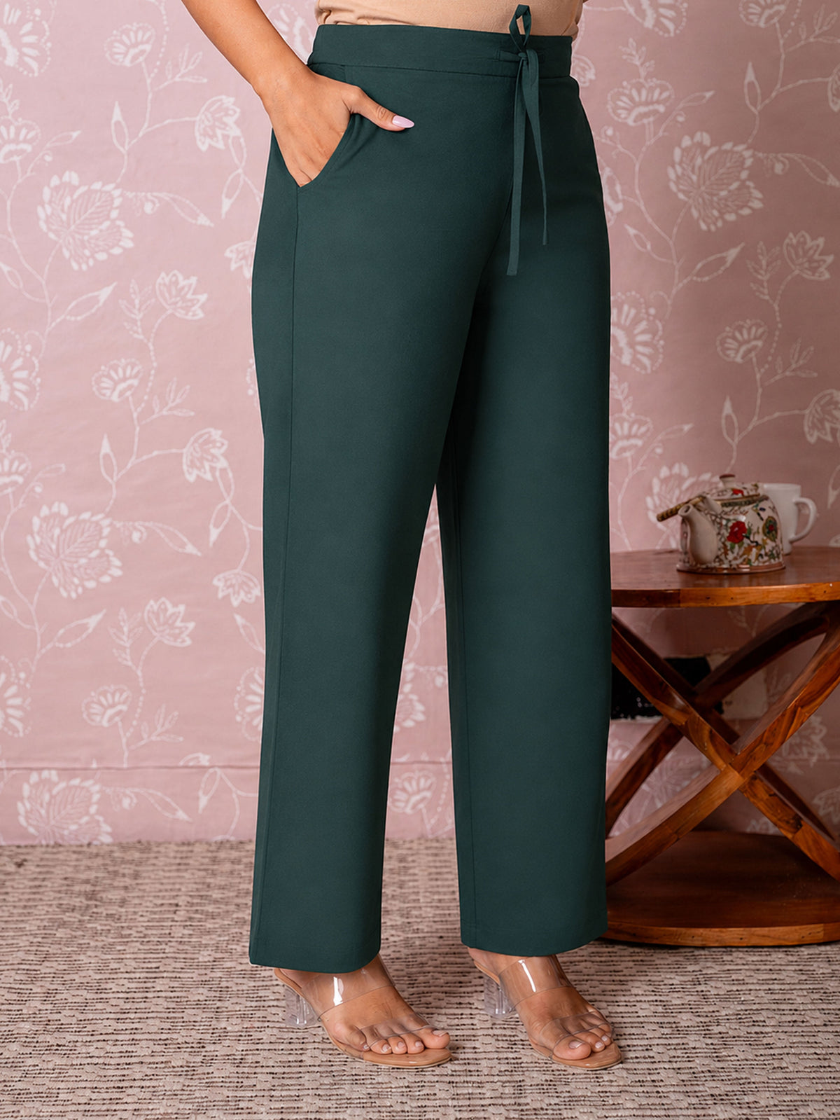 Soft Cotton Solid Green Straight Trousers
