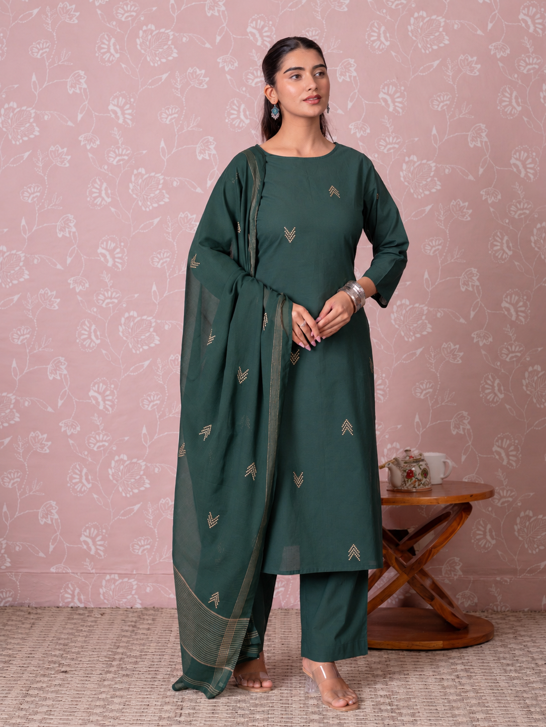 Soft Cotton Butta Straight Green Kurta