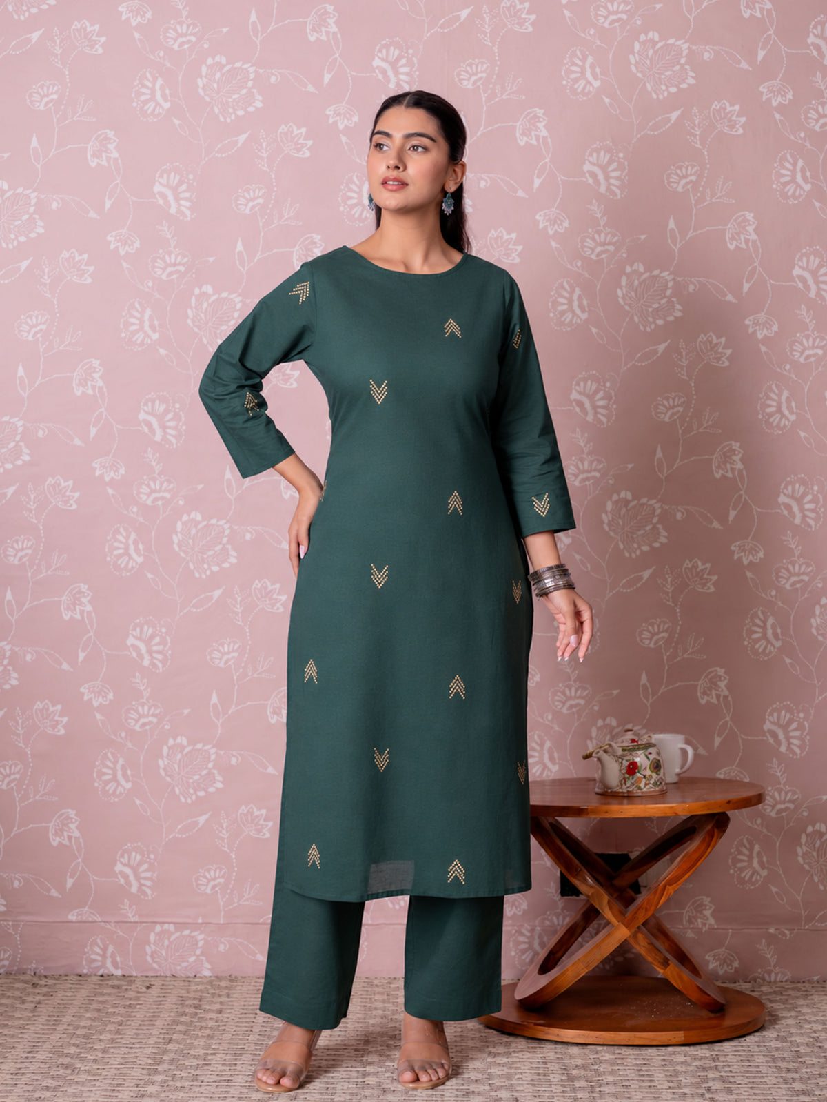 Soft Cotton Butta Straight Green Kurta
