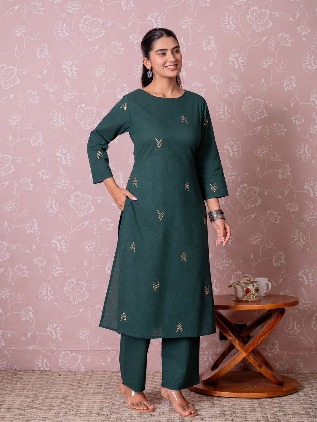 Soft Cotton Butta Straight Green Kurta